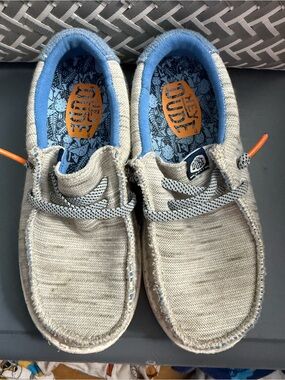 Hey Dude Kids Slip-On Moccasins in Beige with Blue Lining and Orange Accents